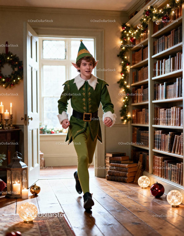 Young Man in Elf Costume Walking Through Festive Room