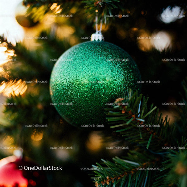 Green glittery Christmas ornament hanging on pine tree