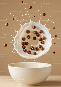 Splash of milk with chocolate cereal rings over bowl