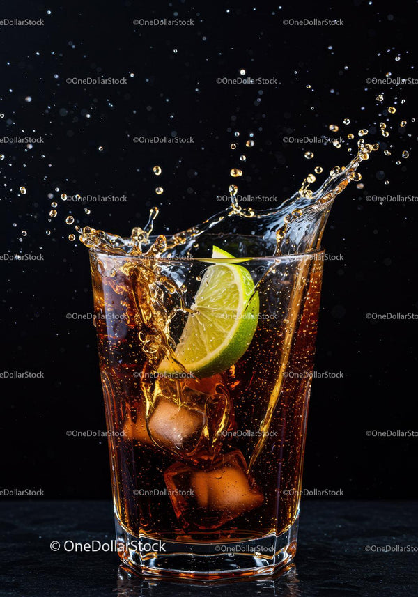 Cold Cola Splash with Ice Cubes and Lime Slice