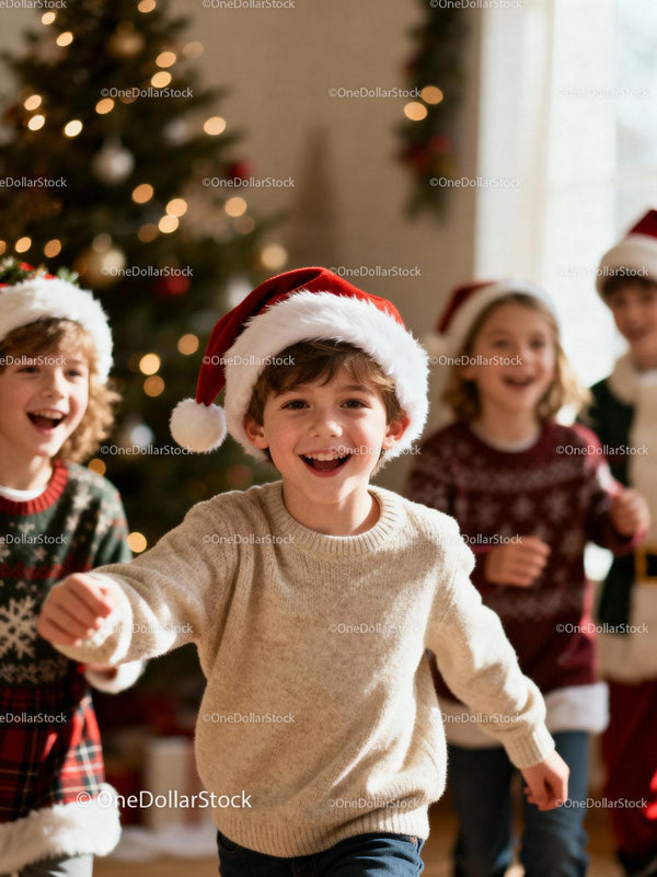 Happy children celebrating Christmas with Santa hats