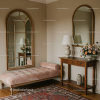 Cozy vintage hallway with pink bench and wooden console