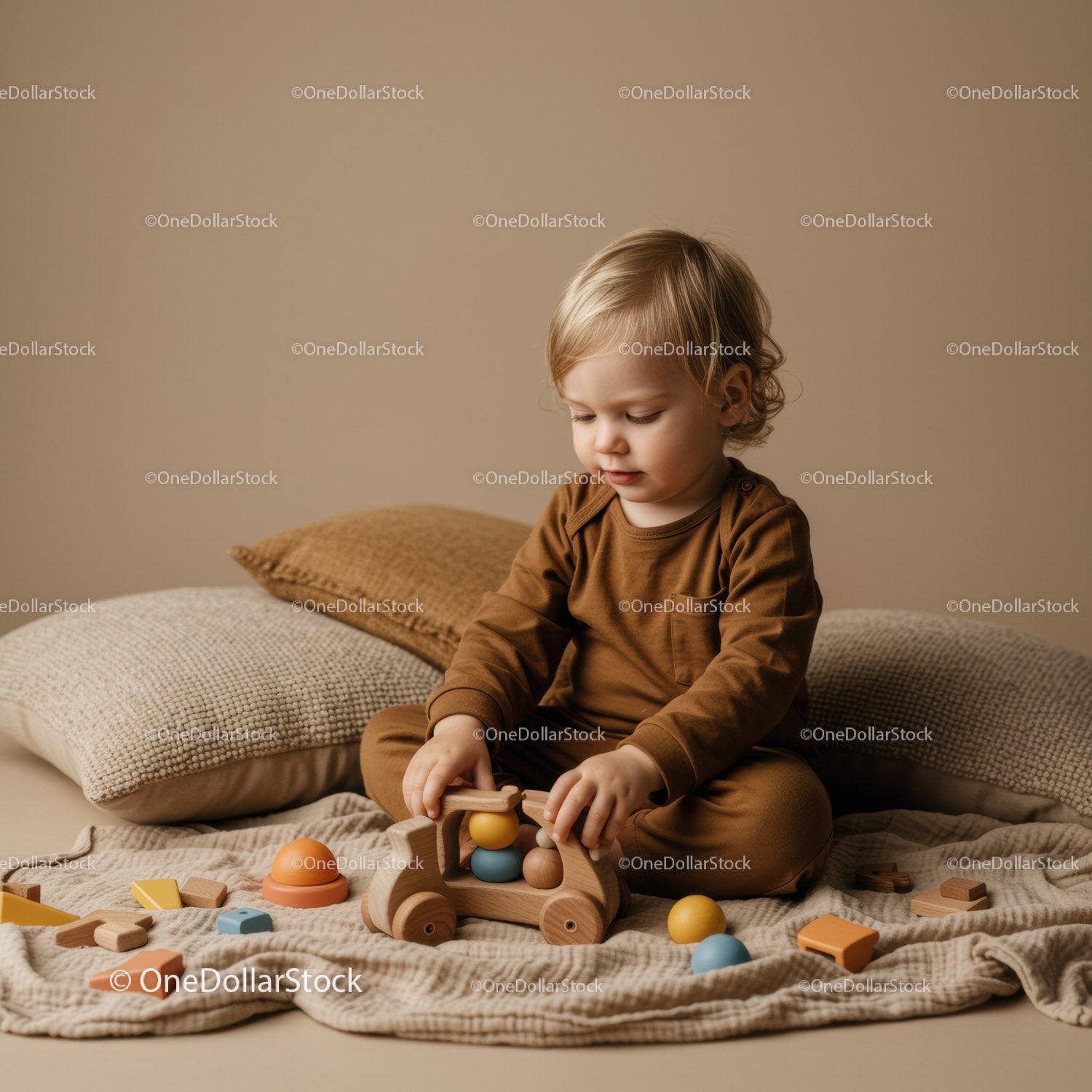 Toddler Playing with Wooden Toys in Neutral Room