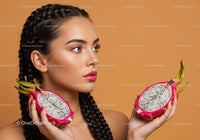 Elegant Woman Holding Fresh Dragon Fruits with Bright Background