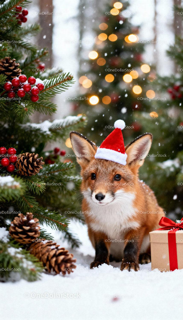 Curious Fox Wearing Santa Hat in Winter Forest Scene