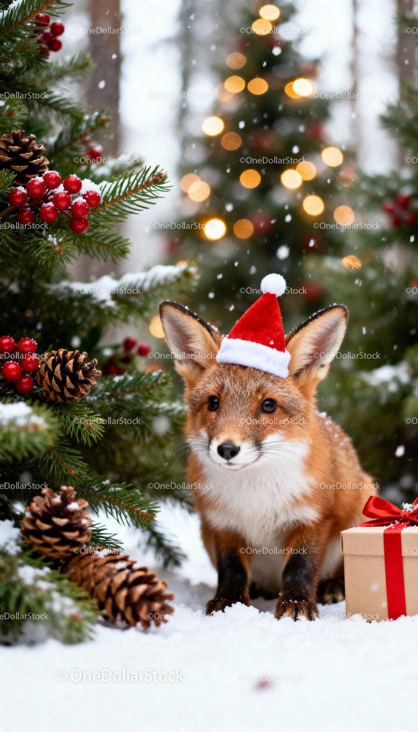 Curious Fox Wearing Santa Hat in Winter Forest Scene