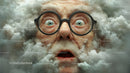 Elderly Woman with Surprised Expression and Round Glasses in Cloudy Scene