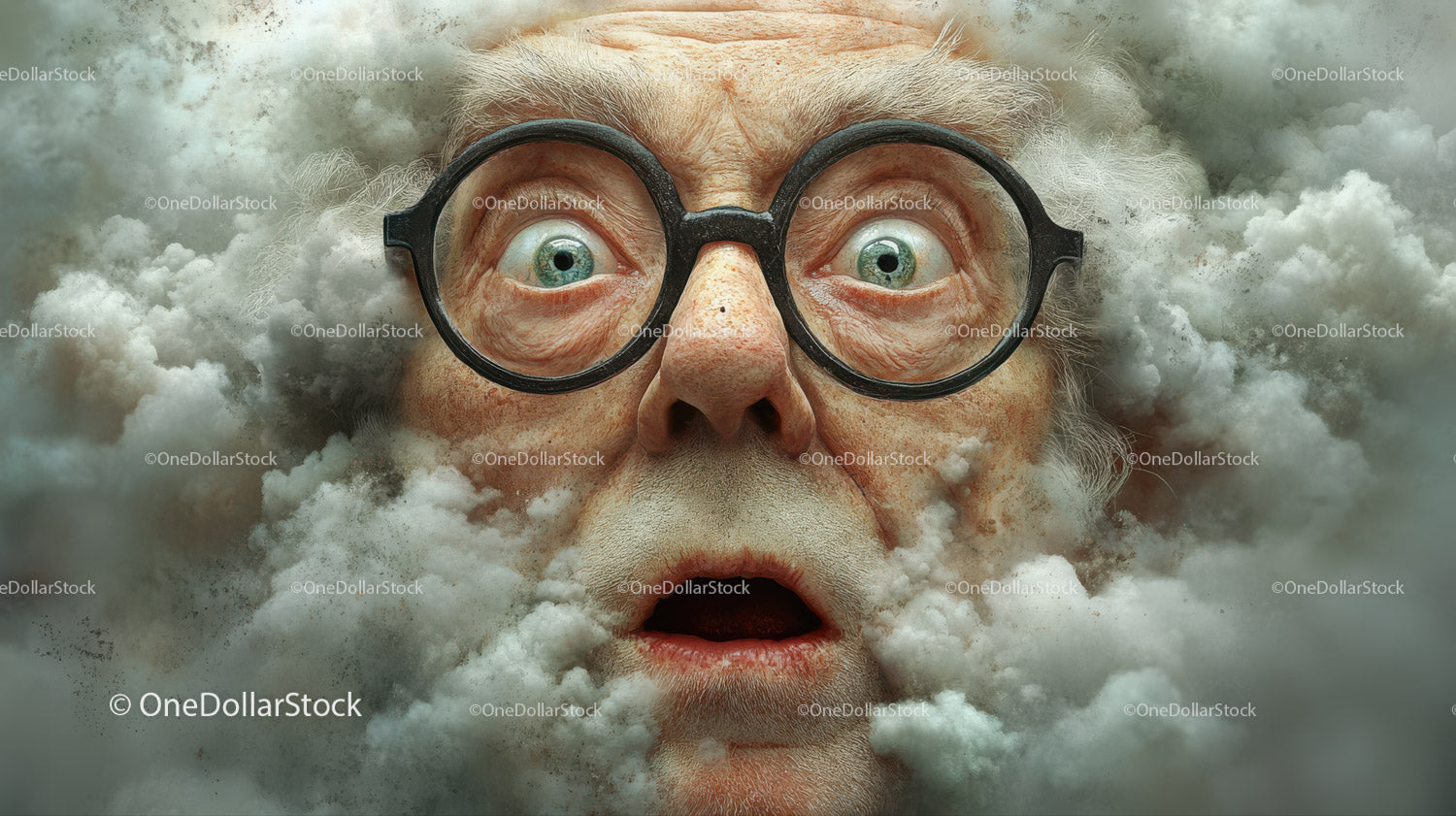 Elderly Woman with Surprised Expression and Round Glasses in Cloudy Scene