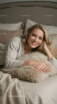 Blonde woman relaxing on soft bed with cozy pillow