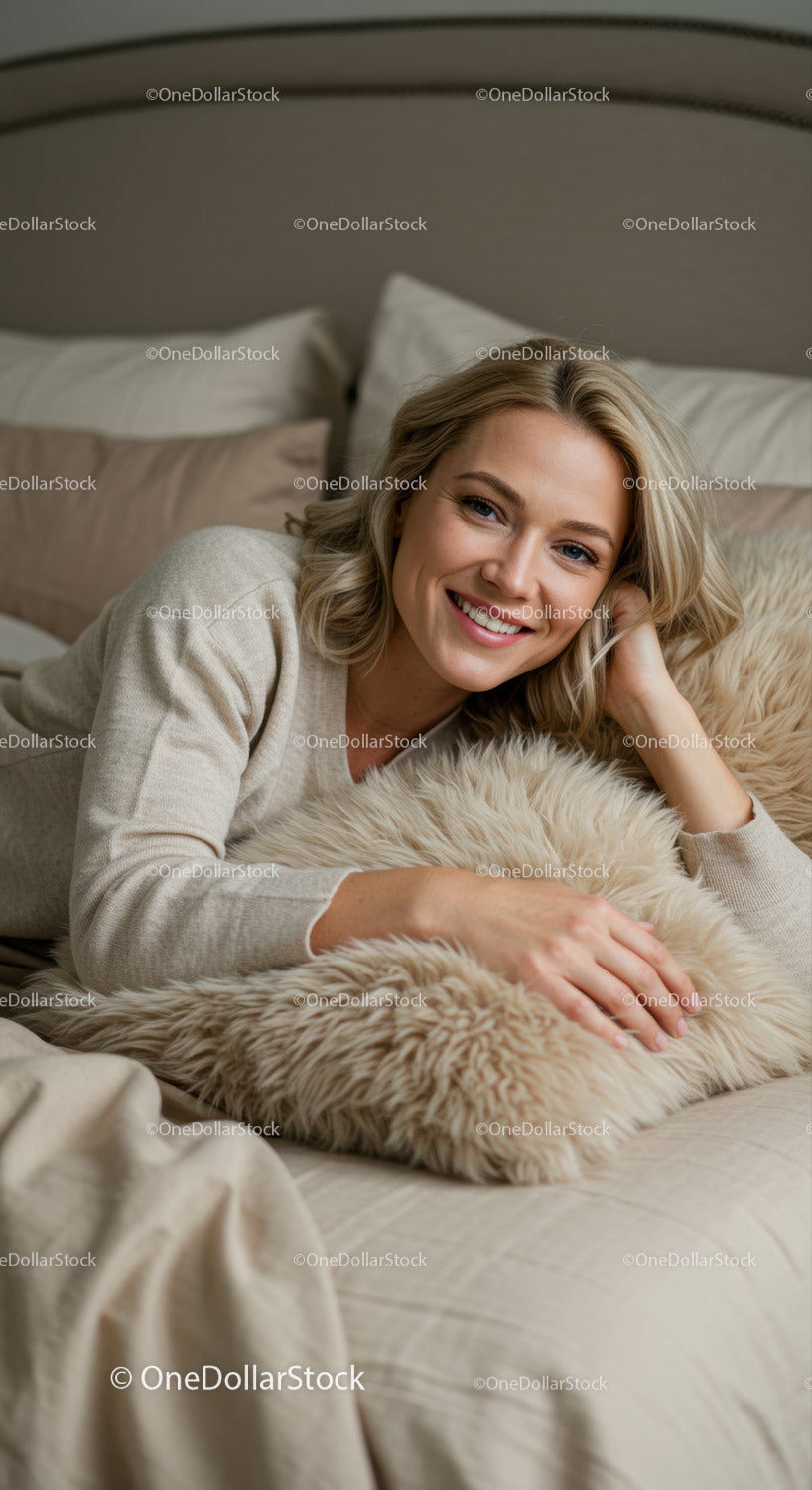 Blonde woman relaxing on soft bed with cozy pillow