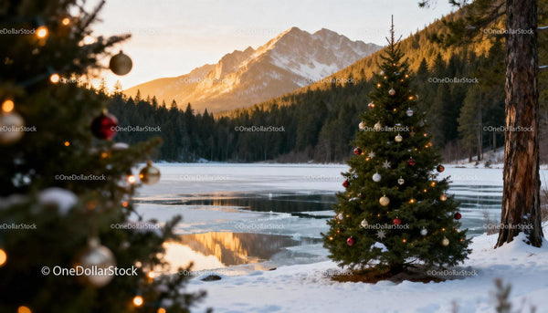 Christmas Tree by Frozen Lake with Mountain Sunset