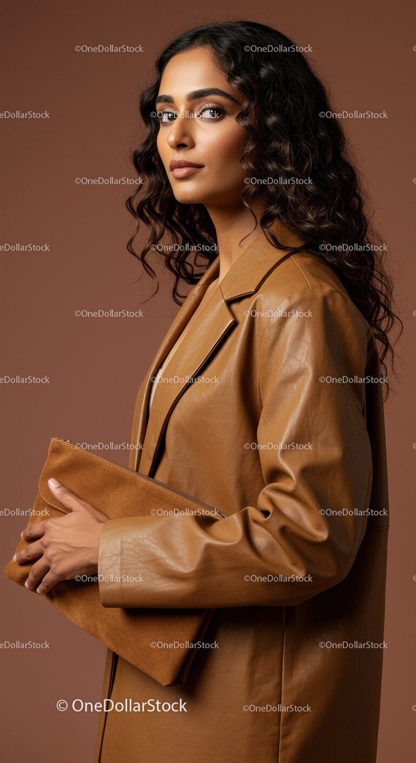 Elegant Woman with Curly Hair in Brown Leather Coat for Fashion and Beauty
