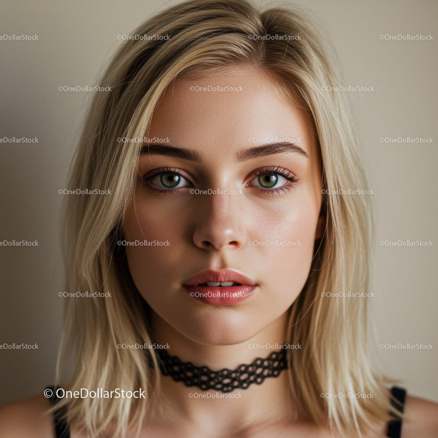 Portret młodej kobiety o blond włosach i zielonych oczach