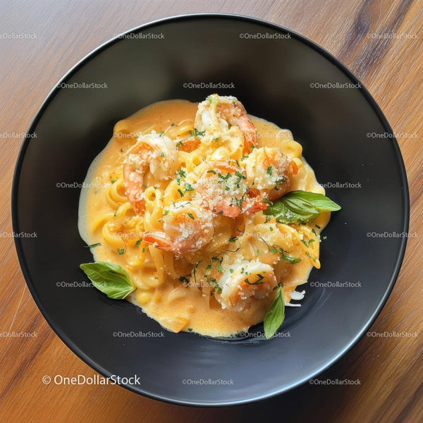 Seafood Pasta with Shrimp and Fresh Basil in Black Bowl