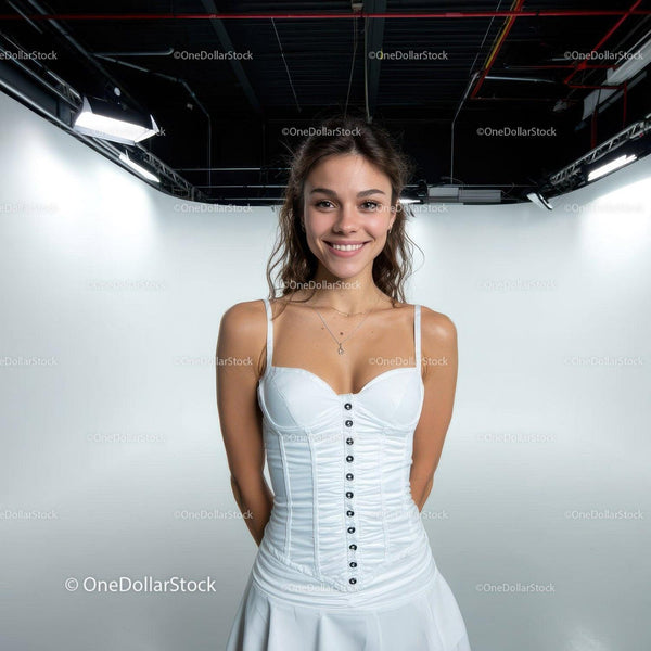Young Woman Smiling in Studio with White Background and Stylish Outfit
