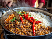 Spicy Chickpea and Beef Chili with Red Chili Peppers and Rice