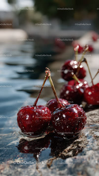 Close-Up of Juicy Ripe Red Cherries with Water Droplets on Rock