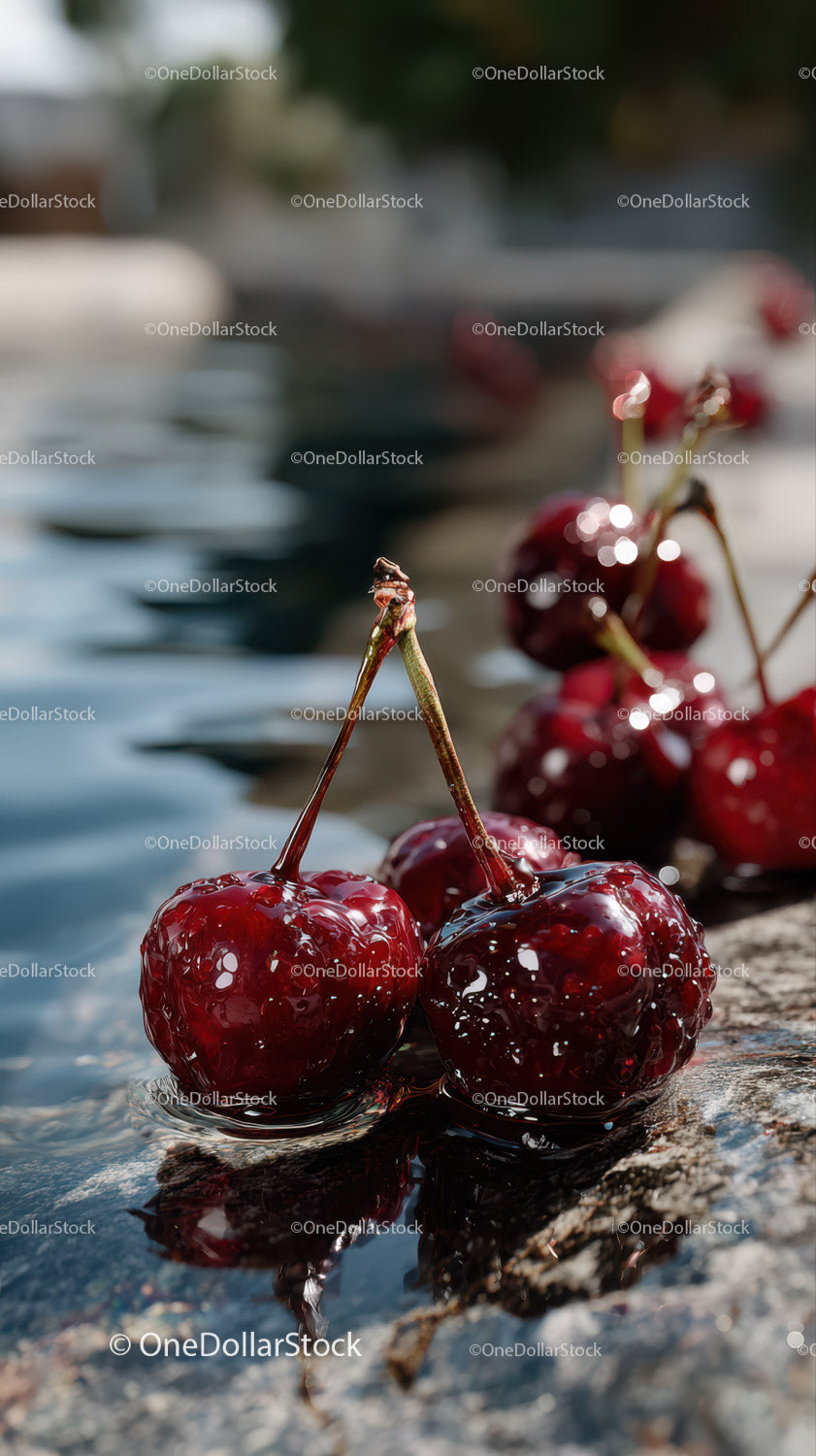 Close-Up of Juicy Ripe Red Cherries with Water Droplets on Rock