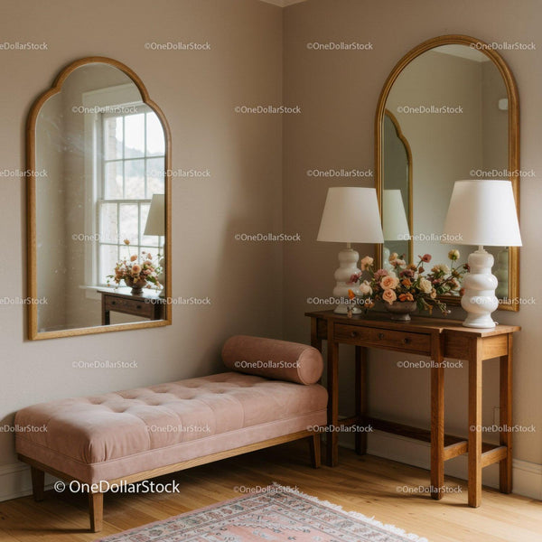 Cozy corner with pink chaise lounge and wooden vanity