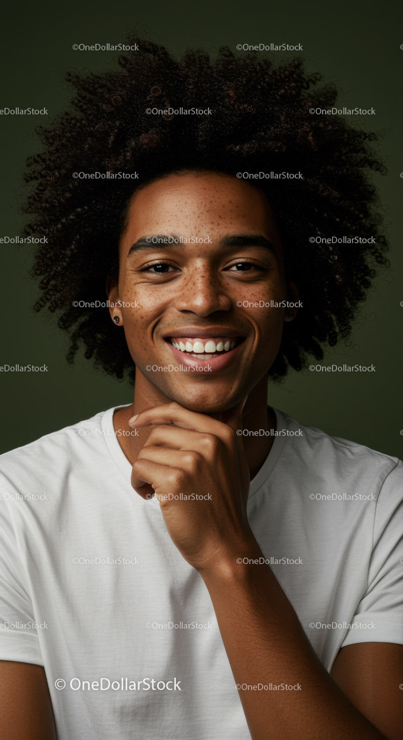 Smiling Young Man with Curly Hair in Casual Clothing