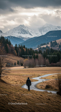 Mountain Landscape with Snow-Capped Peaks and Forested Hills
