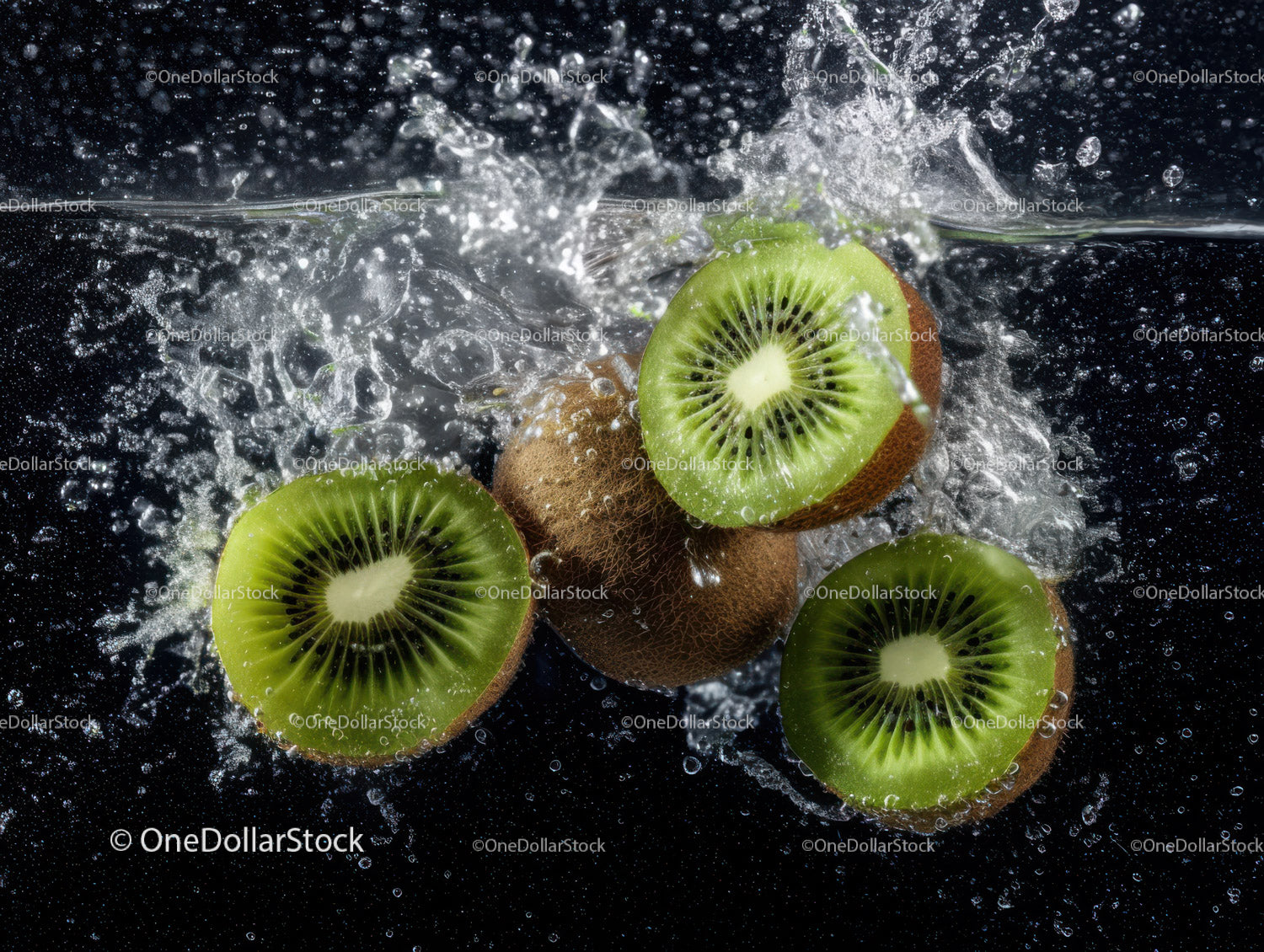Freshly Sliced Kiwi Fruits in Water Splash