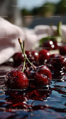 Fresh Juicy Red Cherries with Reflection in Water