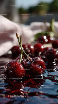 Fresh Juicy Red Cherries with Reflection in Water