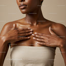 Elegant Portrait of a Dark-Skinned Woman with Glossy Lips and Smooth Skin