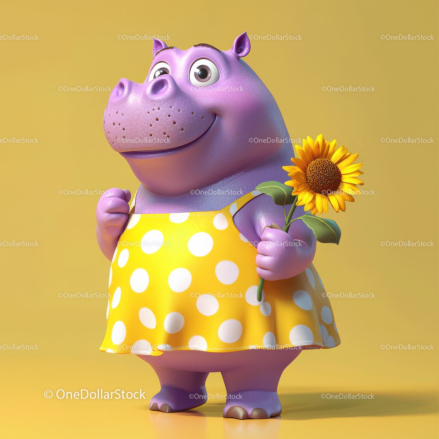 Cute Happy Hippo Cartoon Character Holding Sunflower in Yellow Dress