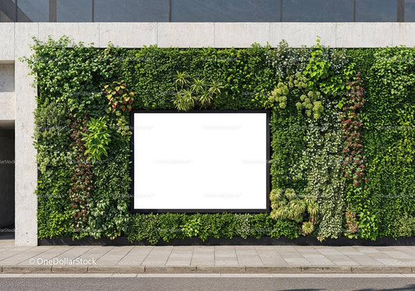 Modern Vertical Garden Wall with Blank Advertising Board JPG Mockup Image