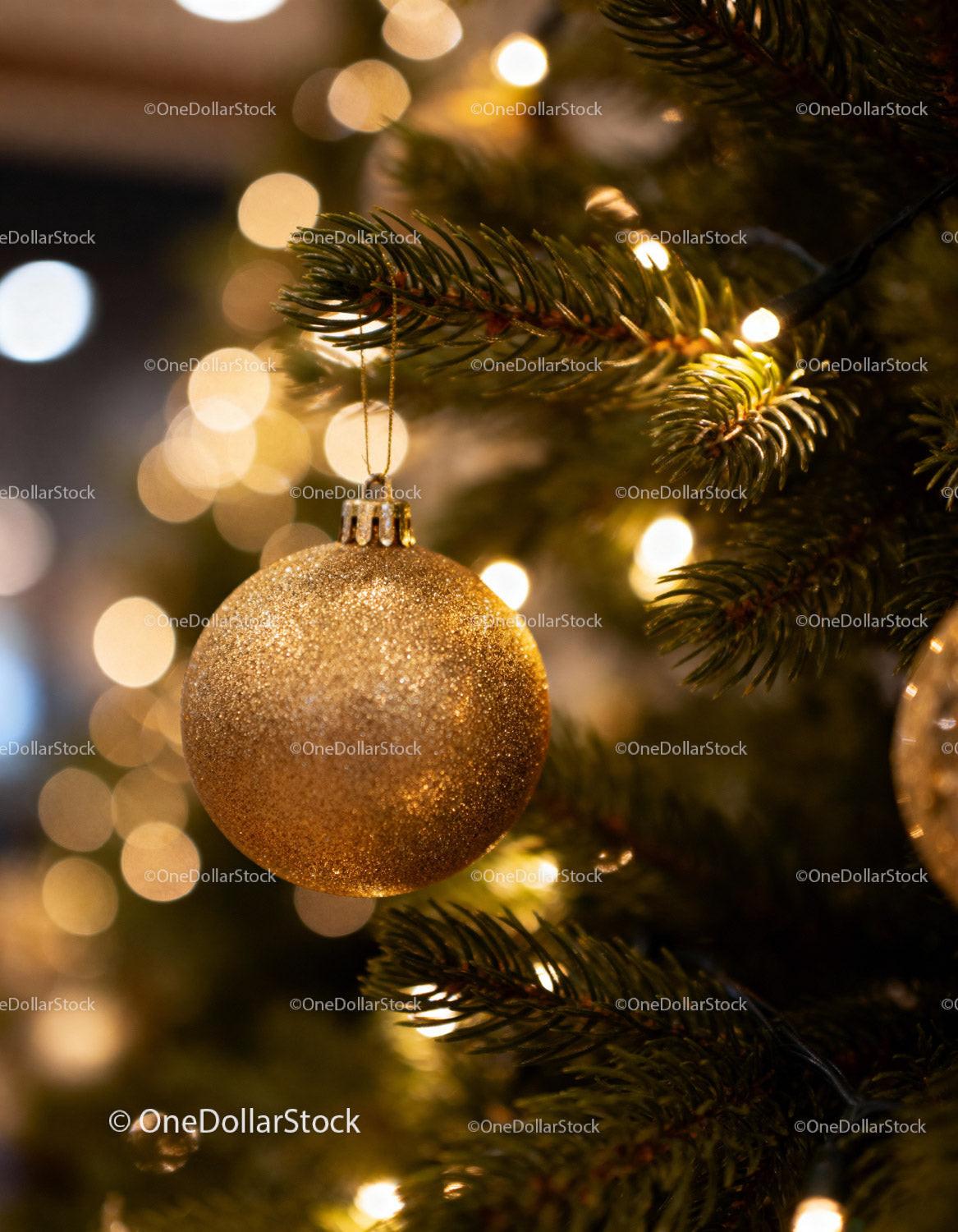 Golden Christmas Ornament Hanging on Festive Tree
