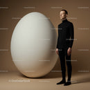 Calm man standing with eyes closed near giant white egg