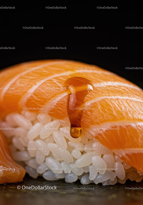 Close-up of Salmon Nigiri with Soy Sauce Drip