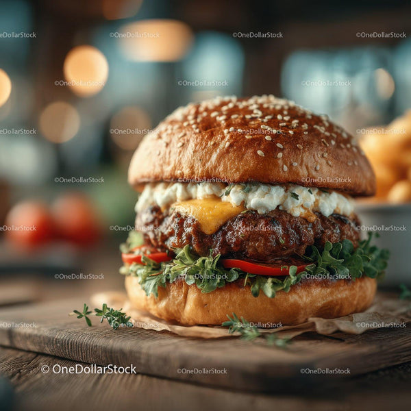 Soczysty Cheeseburger z Świeżą Sałatą i Pomidorem w Bułce z Nasionami Sezamu