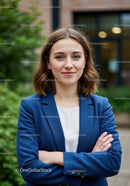 Confident Young Woman in Blue Blazer Outdoors