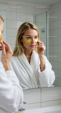 Young Woman Applying Gold Under Eye Patches in Bathroom Mirror