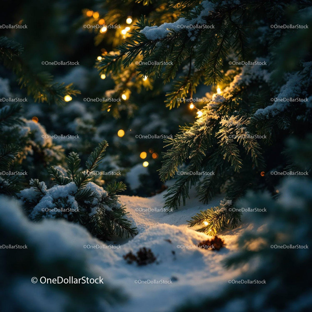 Snowy pine branches with warm glowing Christmas lights