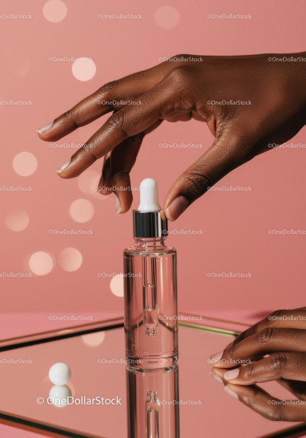 Elegant Black Hand Applying Serum from Dropper Bottle in Beauty Routine JPG Mockup Image