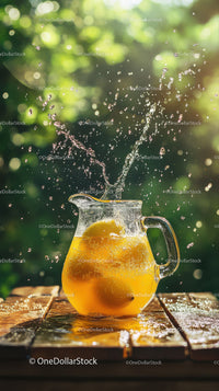 Fresh Lemonade with Sliced Lemons in a Glass Pitcher on Rustic Wooden Surface
