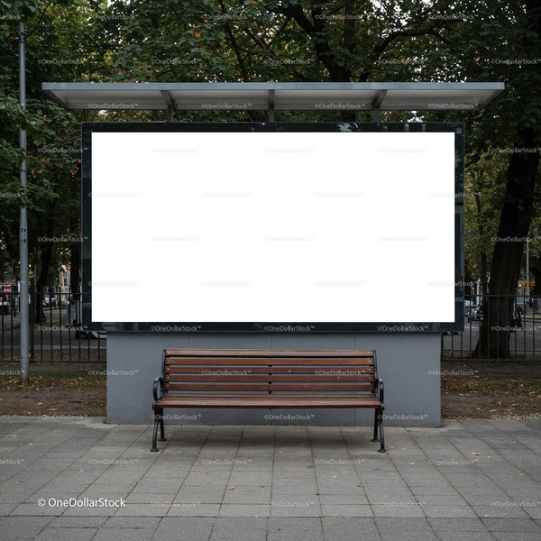 Empty wooden bench in front of blank outdoor billboard JPG Mockup Image