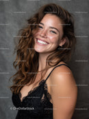 Young Woman Smiling in Black Lace Dress with Wavy Hair