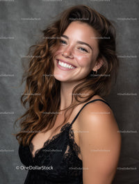 Young Woman Smiling in Black Lace Dress with Wavy Hair