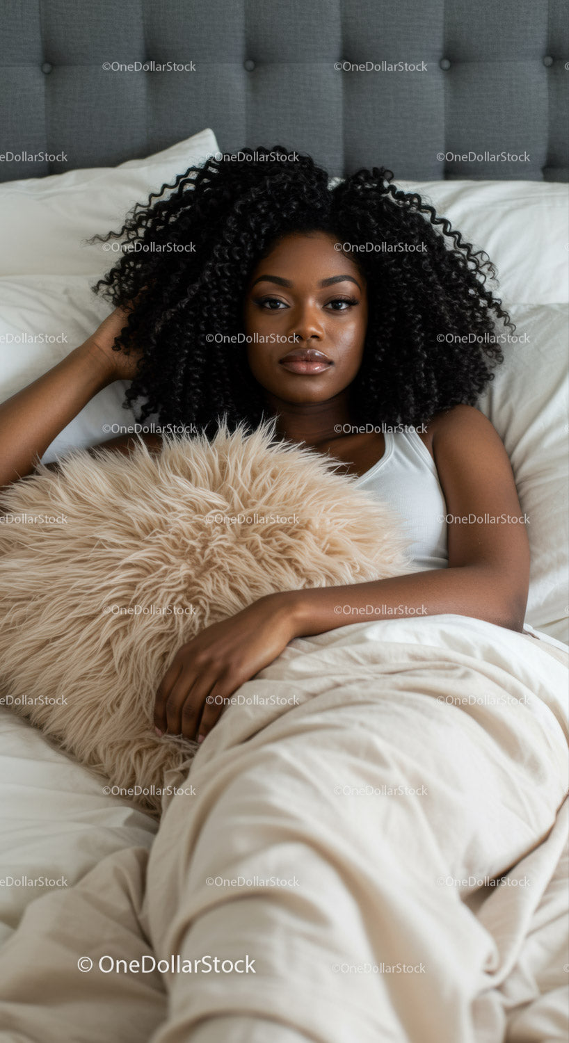 Relaxed woman lying in bed with cozy fur pillow