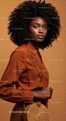 Elegant African Woman with Curly Hair in Stylish Brown Outfit