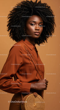 Elegant African Woman with Curly Hair in Stylish Brown Outfit