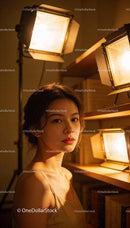 Young woman illuminated by soft studio lights indoors