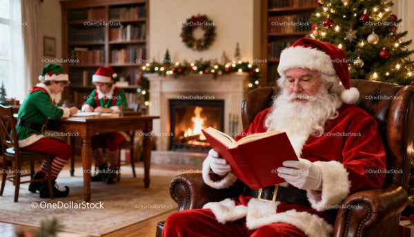 Santa Claus Reading Book by Fireplace with Busy Elves
