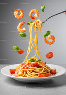 Spaghetti with shrimp tomato sauce and fresh basil