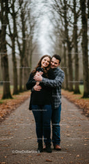 Happy couple embracing on tree-lined path in autumn